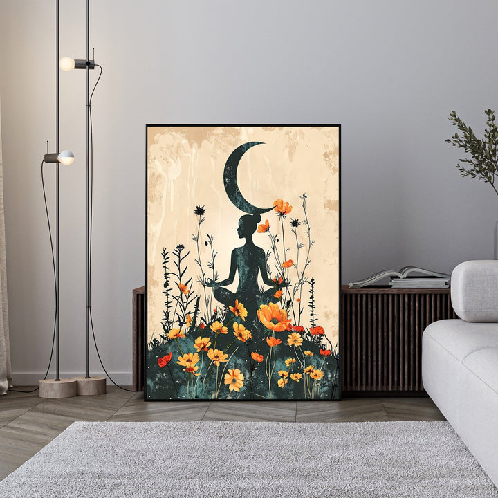 Wadi Home meditating woman under crescent moon wall art in earthy tones with orange wildflowers and butterflies.