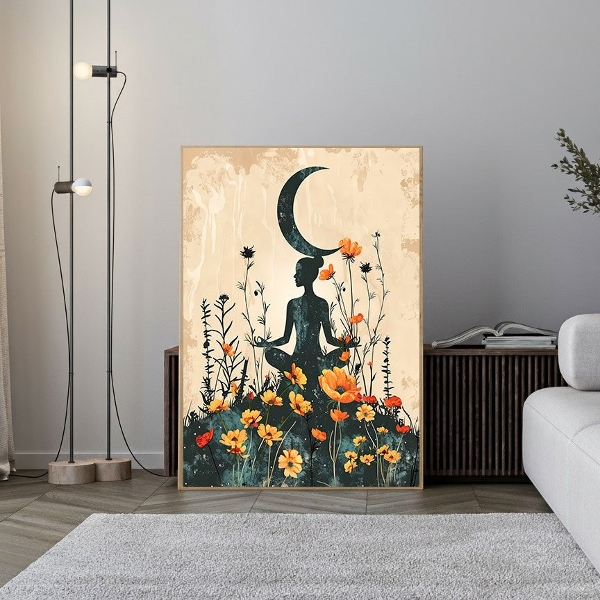 Wadi Home meditating woman under crescent moon wall art with wildflowers and butterflies in earthy tones and orange pops.