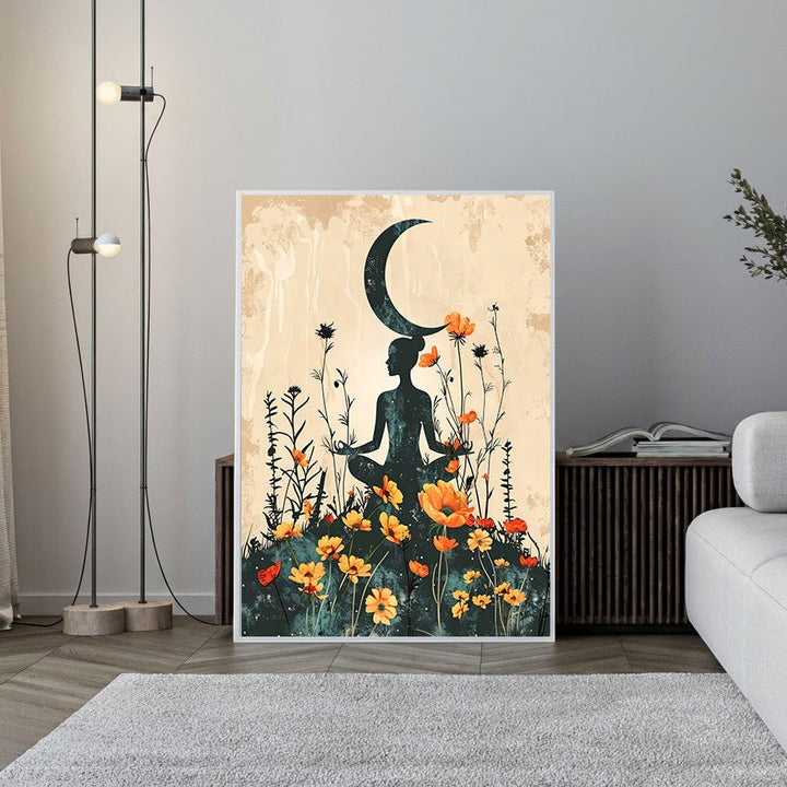 Wadi Home meditating woman silhouette wall art with crescent moon and orange wildflowers. Bohemian style.