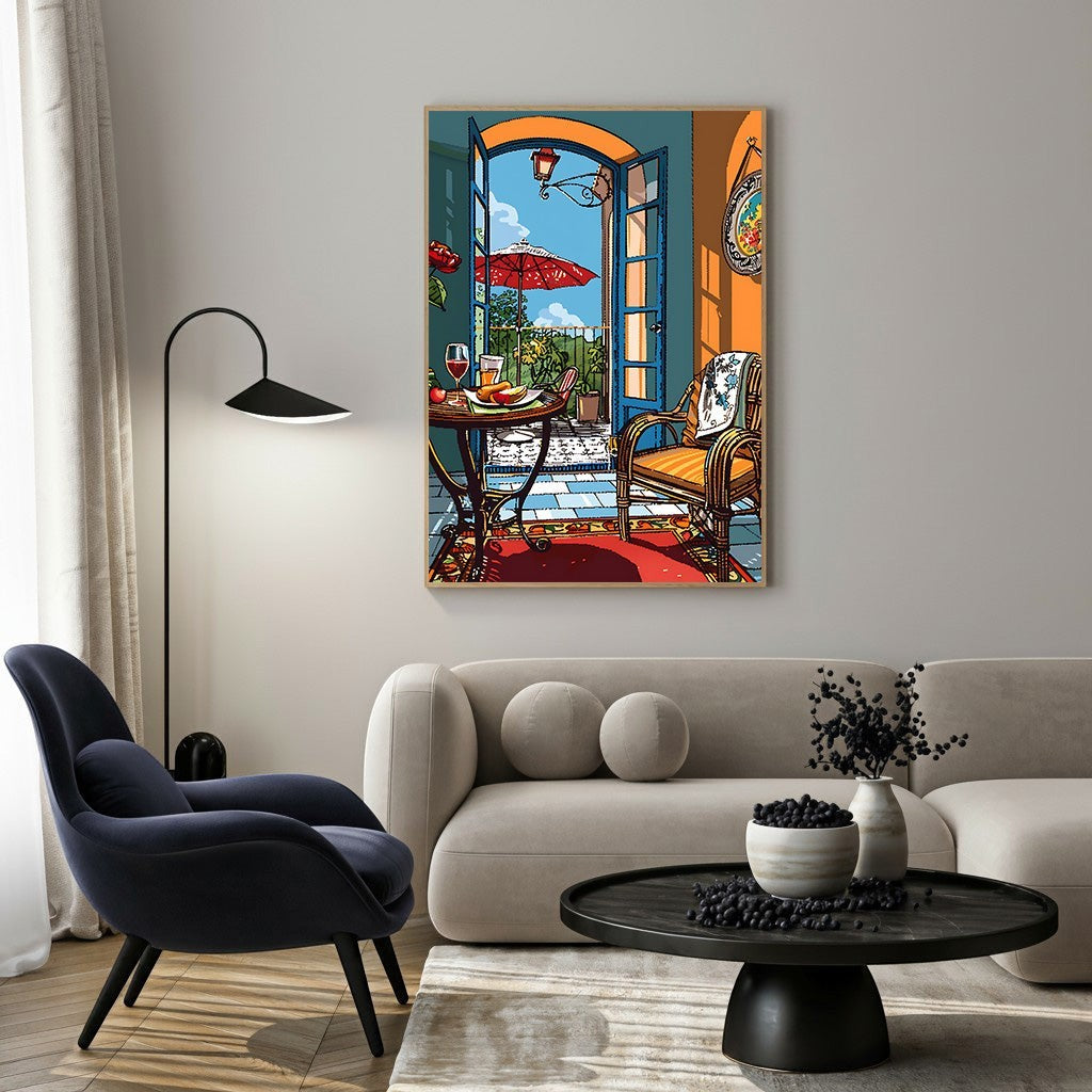Wadi Home Mediterranean balcony scene wall art with open doorway, red umbrellas, table with drinks and fruit, and wicker chair.