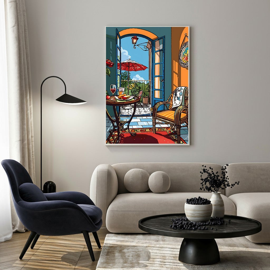 Wadi Home Mediterranean balcony scene wall art with open doorway, red umbrellas, table with drinks and fruit, and wicker chair.