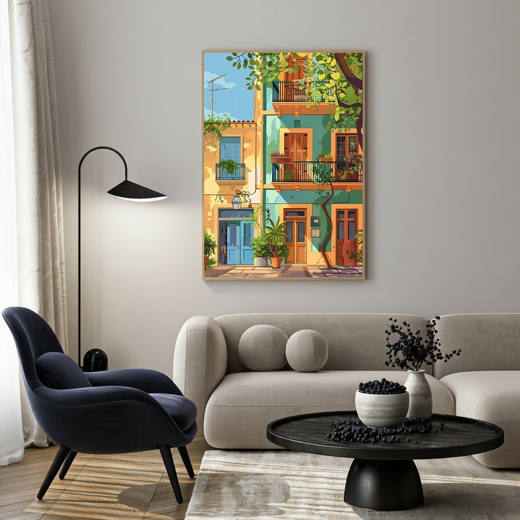 Wadi Home Mediterranean building facade art print with colorful balconies, greenery, and blue doors.