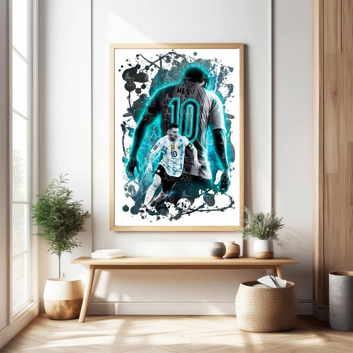 Wadi Home dynamic art print of soccer player Messi in action, featuring a vibrant blue and black graphic style.