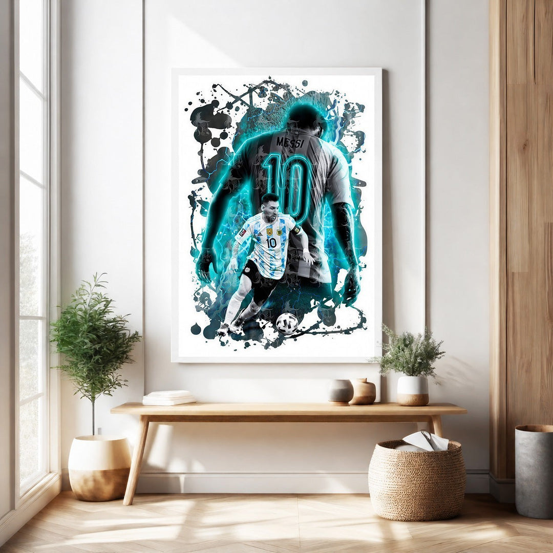 Wadi Home dynamic art print of soccer player Messi in action, featuring blue and black graphic style.
