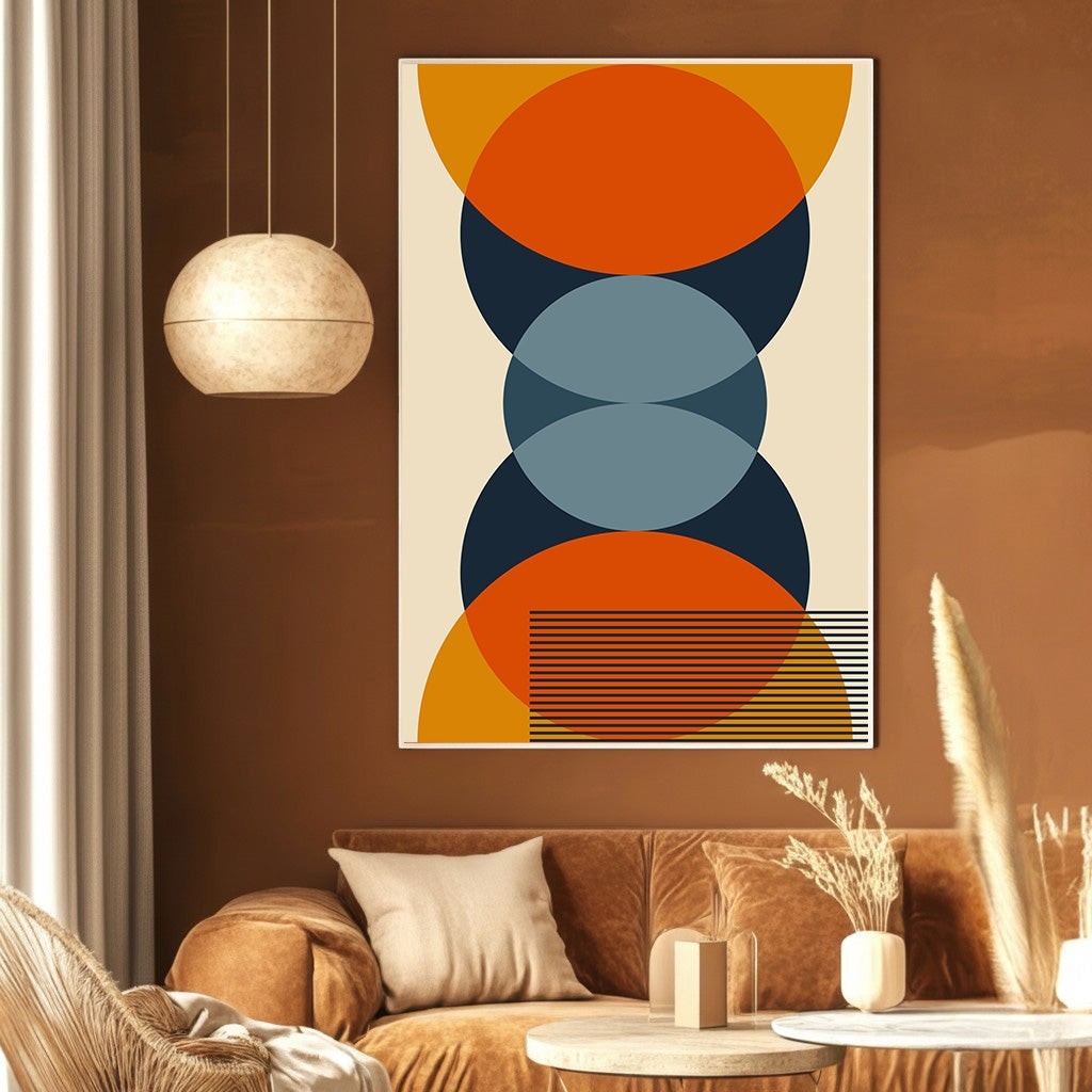 Wadi Home mid-century modern geometric wall art print with orange, navy, and slate blue circles on a cream background.