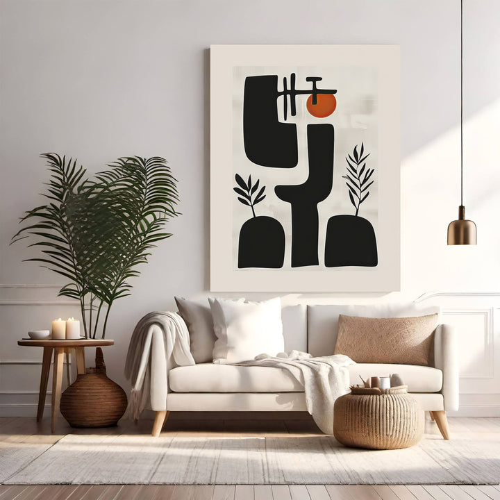 Wadi Home abstract mid-century modern wall art with black shapes, organic forms, and a sun accent.