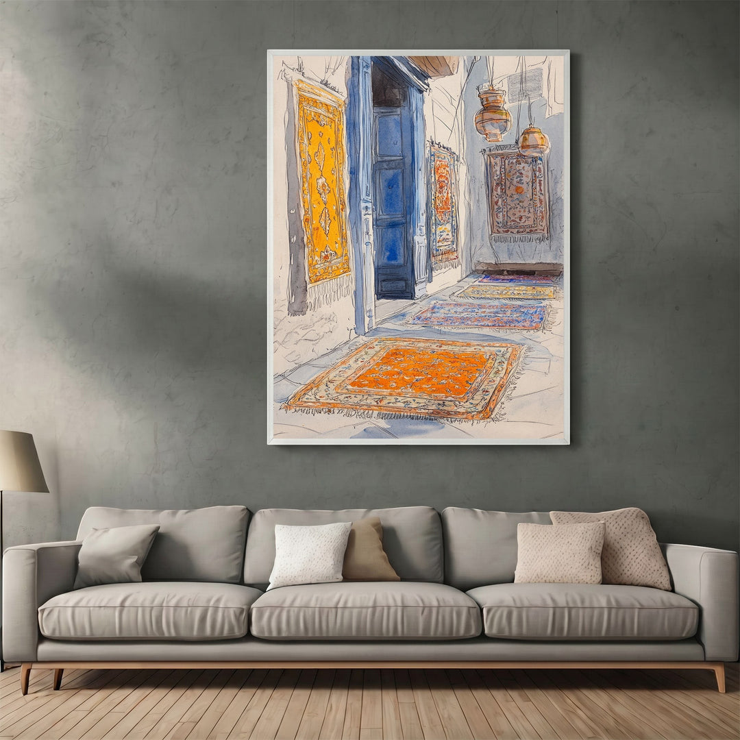 Wadi Home watercolor wall art print of a Middle Eastern bazaar with ornate rugs and blue doors in a modern living room.