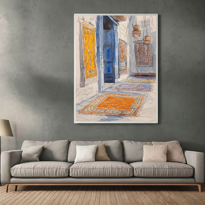 Wadi Home watercolor wall art print of a Middle Eastern bazaar with ornate rugs and blue doors in a modern living room.
