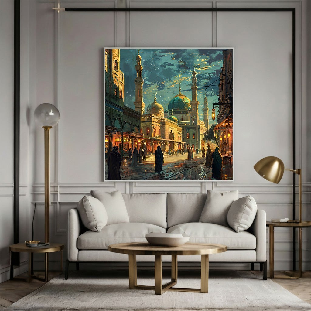 Wadi Home traditional Middle Eastern cityscape wall art print featuring domes and minarets in a living room setting.