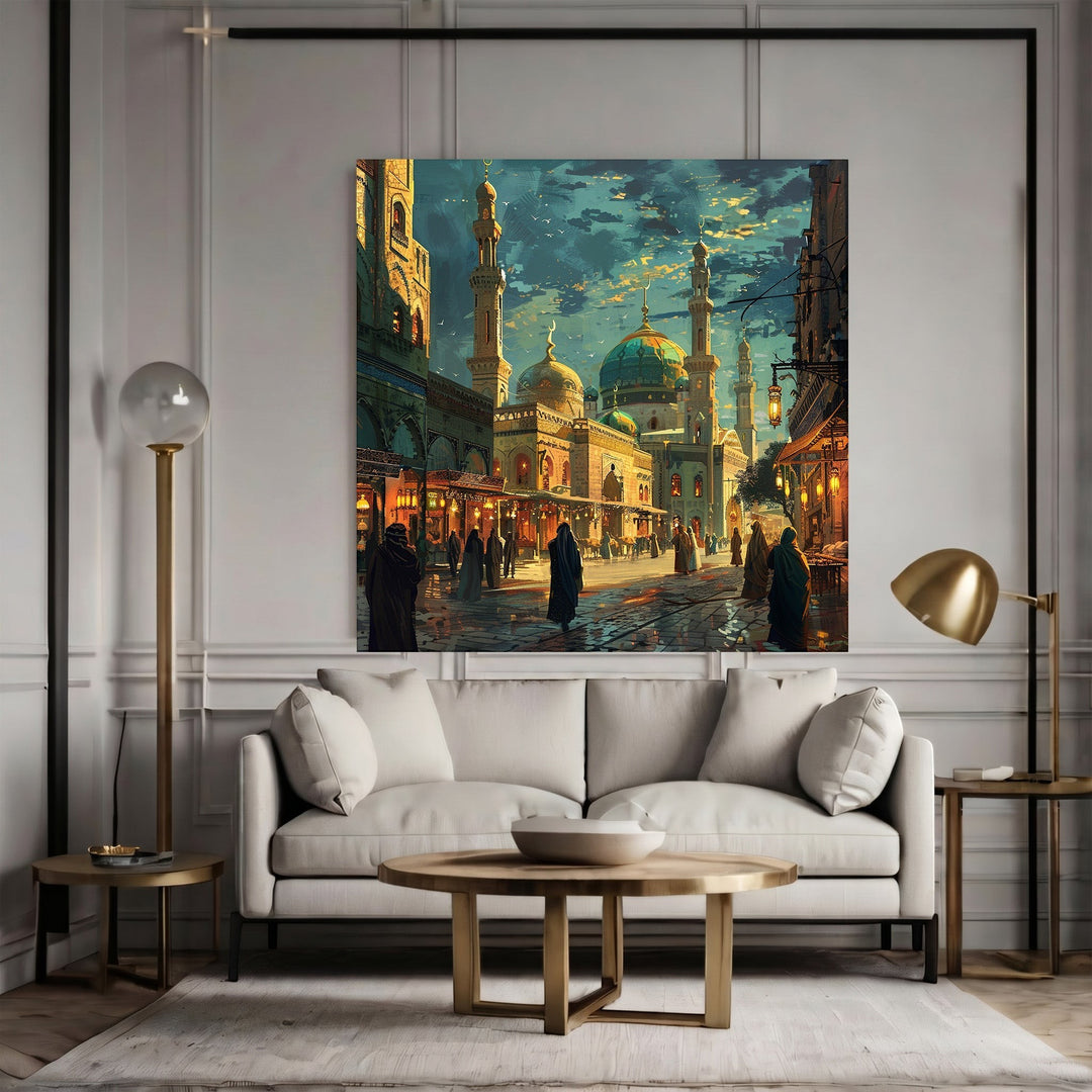 Wadi Home traditional Middle Eastern cityscape wall art print featuring domes and minarets in teal and orange tones.