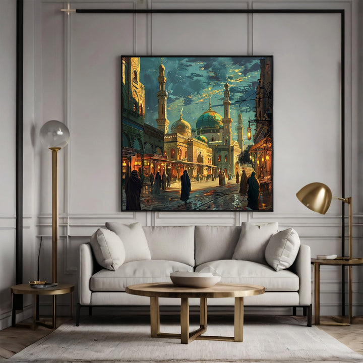 Wadi Home wall art print of a Middle Eastern cityscape with domes and minarets in teal and orange tones above a sofa.