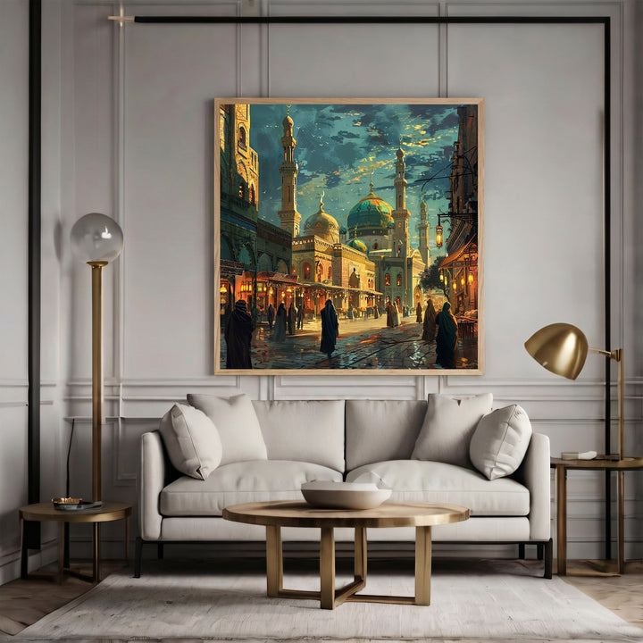Wadi Home traditional Middle Eastern cityscape wall art print featuring domes and minarets in a living room setting.
