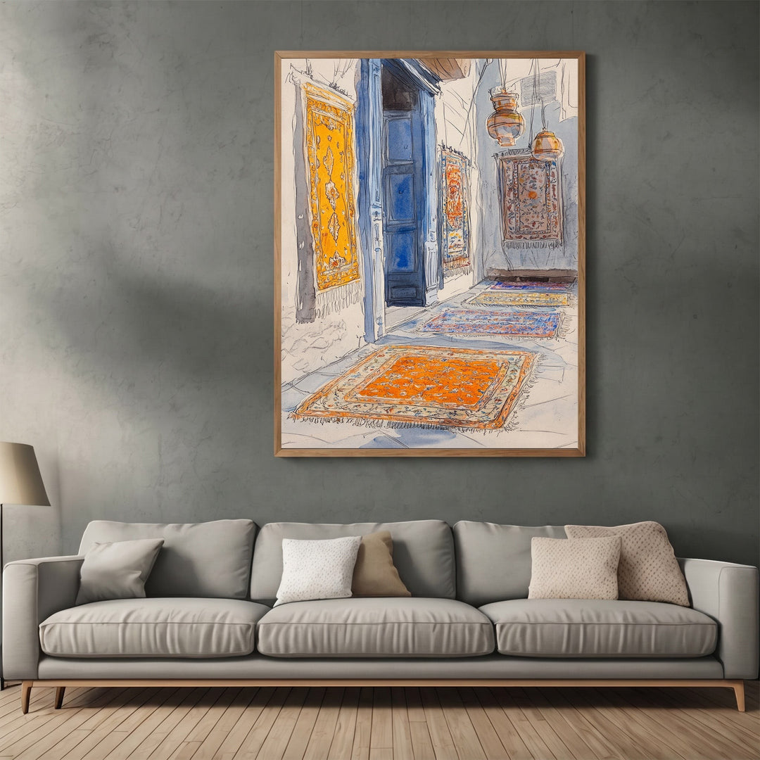 Wadi Home watercolor wall art print of a Middle Eastern bazaar alleyway with rugs, displayed above a modern sofa.