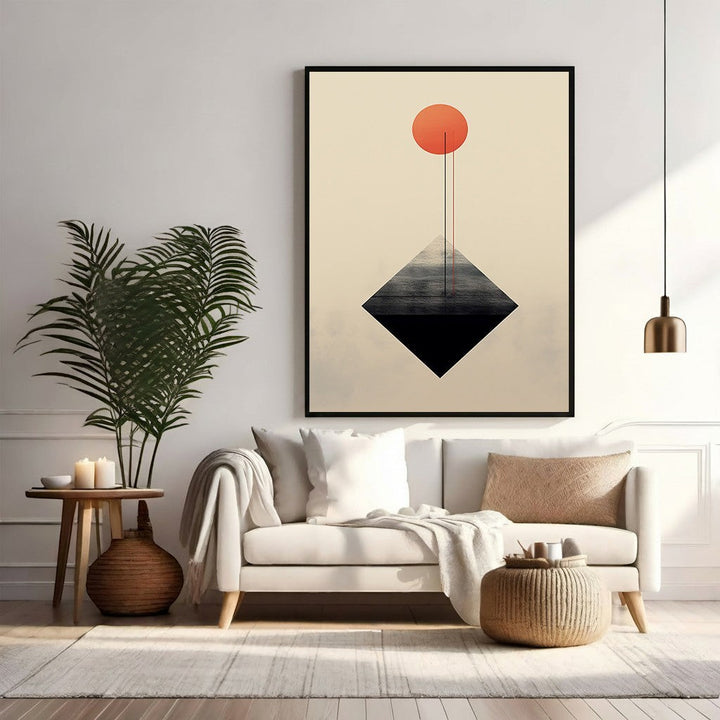 Wadi Home minimalist abstract wall art with red sun above black diamond shape on cream background.
