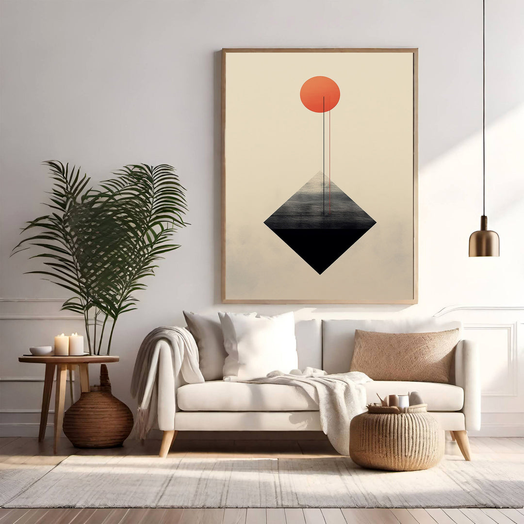 Wadi Home minimalist abstract wall art with red sun and black diamond shape on beige background.