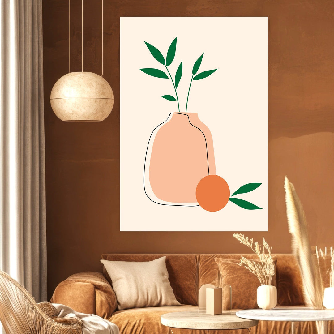 Wadi Home minimalist botanical wall art print featuring a peach vase and green foliage in a modern living room
