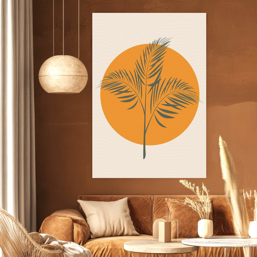 Wadi Home minimalist botanical wall art print featuring a palm leaf silhouette against a warm orange sun in a room.