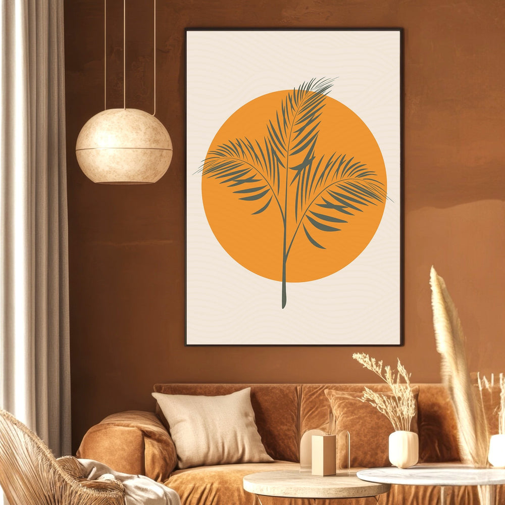 Wadi Home minimalist botanical wall art print featuring a palm leaf silhouette against an orange sun in a living room