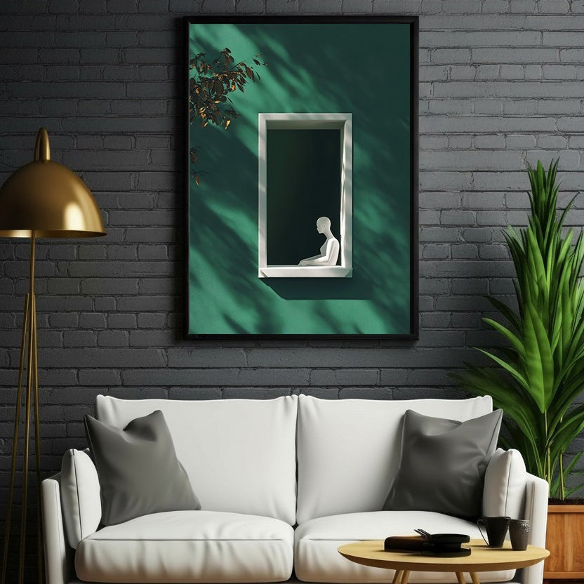 Wadi Home minimalist wall art featuring a white figure in a window frame against a deep green background with dramatic shadows.