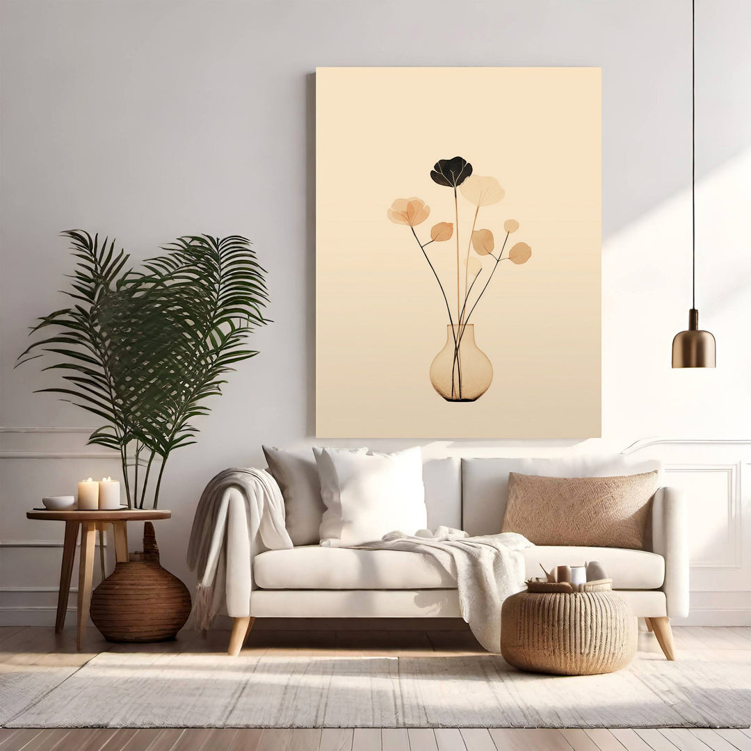 Wadi Home minimalist floral artwork with delicate translucent petals in warm tones and a single black bloom in a simple vase.