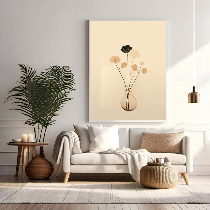 Wadi Home minimalist floral artwork with translucent petals in warm tones and a single black bloom in a glass vase.
