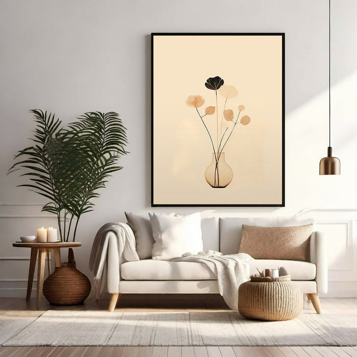 Wadi Home minimalist floral artwork with translucent petals in warm tones and a single black bloom in a simple vase.