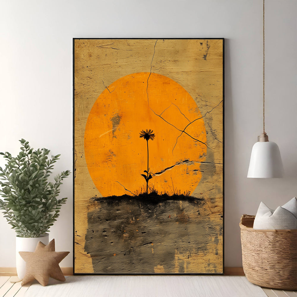 Wadi Home minimalist wall art: single black flower silhouette against textured orange sun and distressed earthy background.