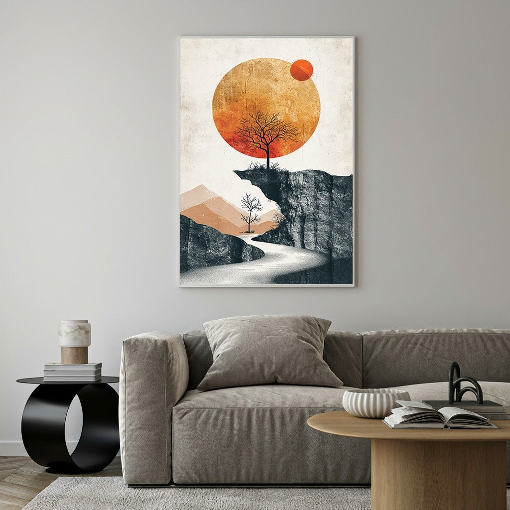 Wadi Home minimalist landscape wall art with a tree on a cliff under a large orange sun. Abstract design with warm hues.