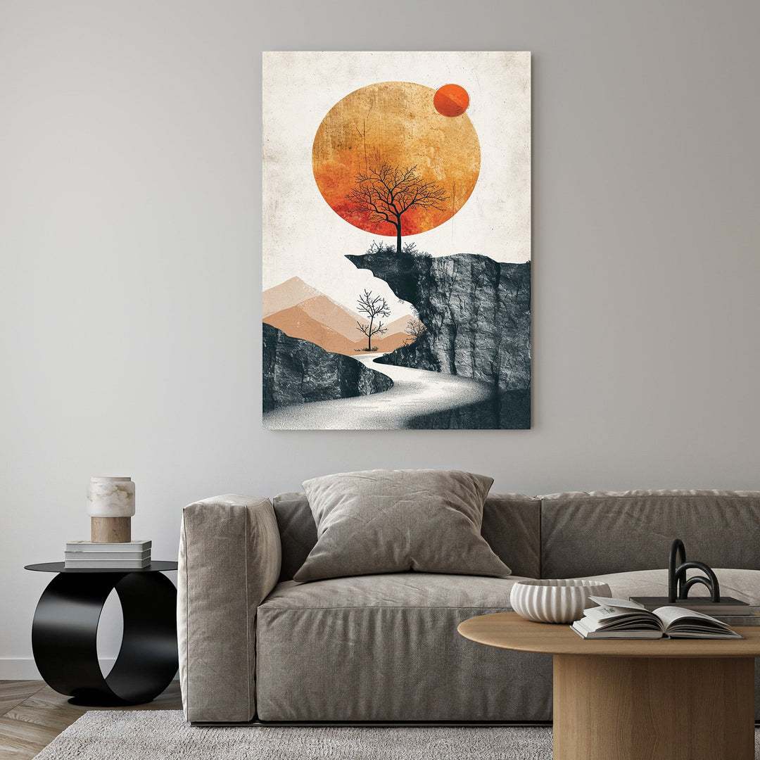 Wadi Home minimalist landscape wall art with a lone tree on a cliff under a large orange sun. Abstract design with warm hues.