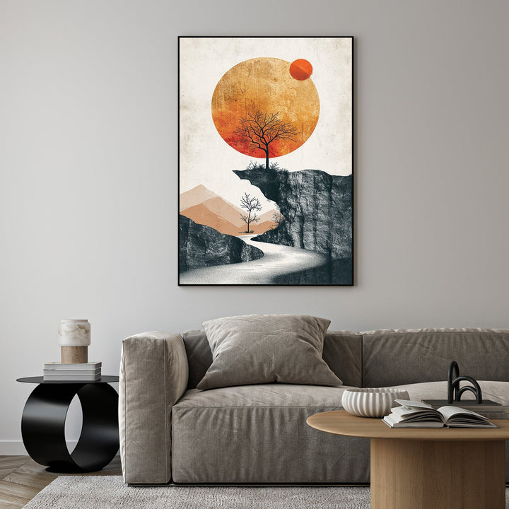 Wadi Home minimalist landscape wall art with a lone tree on a cliff under a large orange sun. Abstract design with warm hues.