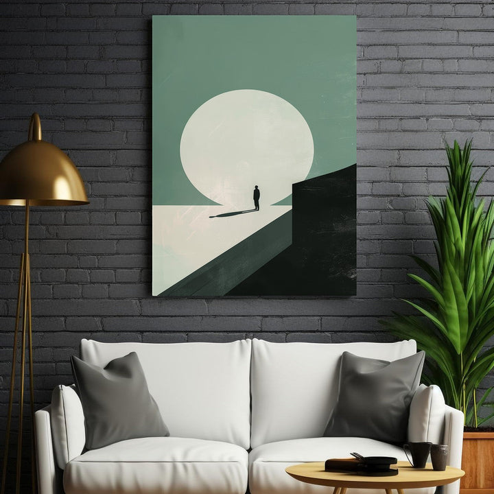 Wadi Home minimalist landscape wall art with muted green and cream palette, featuring a solitary figure against a large circle.
