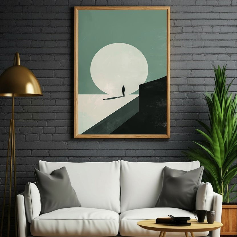 Wadi Home minimalist landscape art with solitary figure, large moon, muted green and cream palette, wood frame.