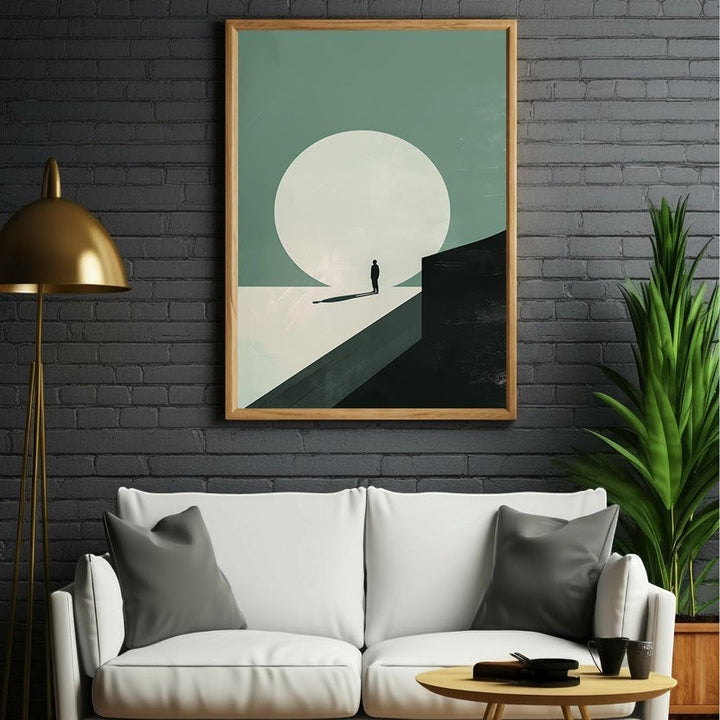 Wadi Home minimalist landscape art with solitary figure, large moon, muted green and cream palette, wood frame.