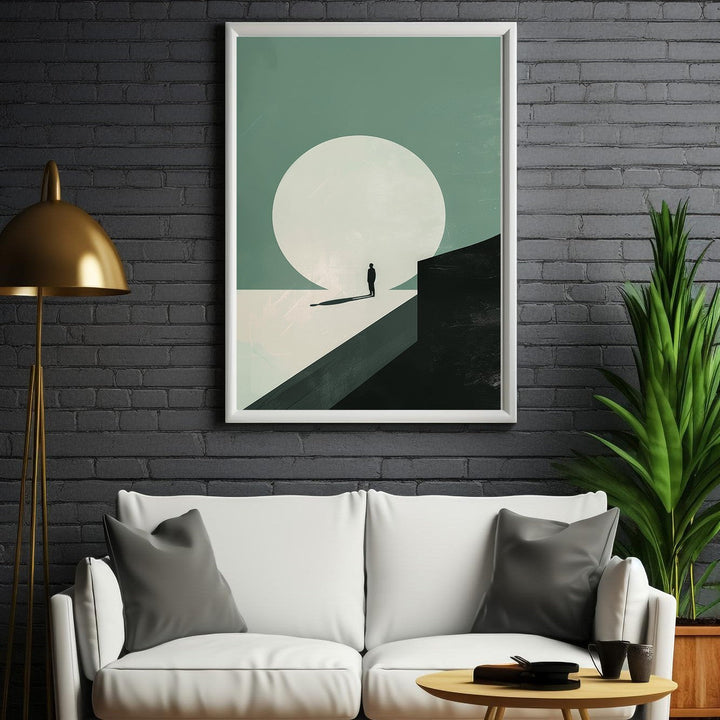 Wadi Home minimalist landscape wall art with solitary figure, muted green and cream palette, geometric shapes, modern aesthetic.
