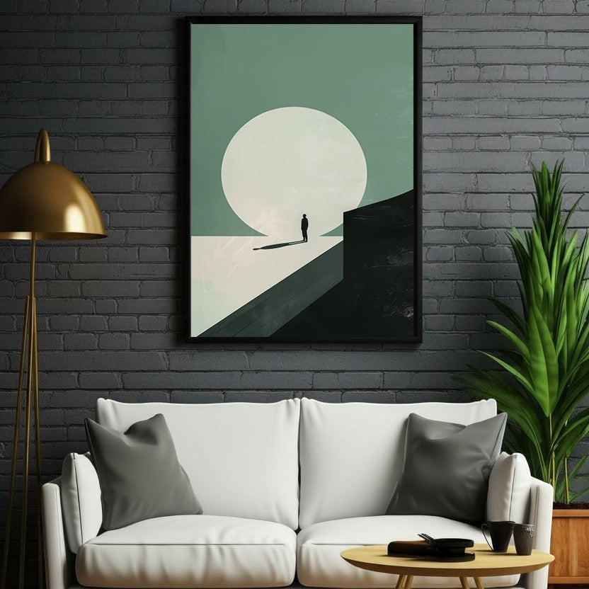 Wadi Home minimalist landscape wall art with a solitary figure against a large moon in muted green and cream.
