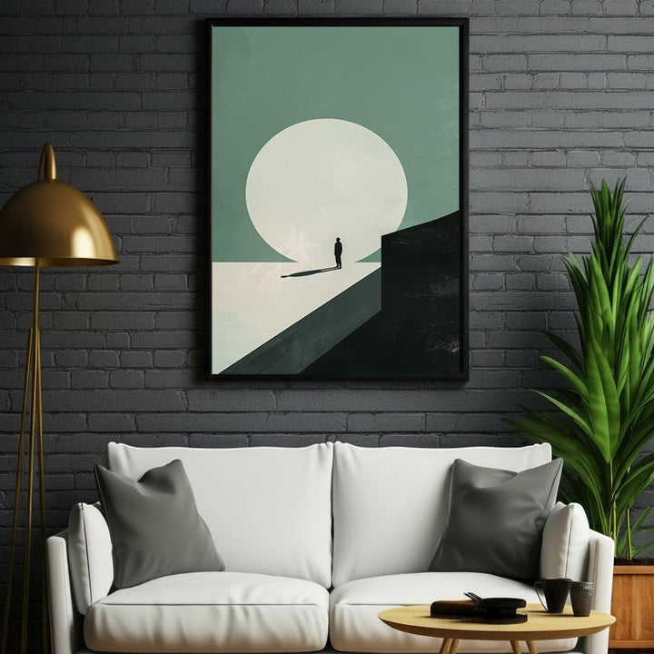 Wadi Home minimalist landscape wall art with a solitary figure against a large moon in muted green and cream.