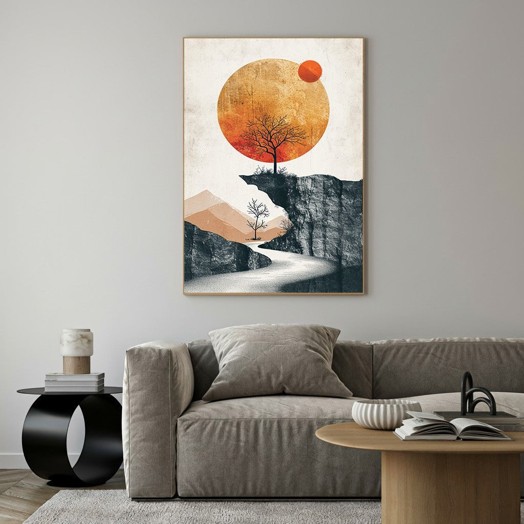 Wadi Home minimalist landscape wall art with a lone tree on a cliff under a textured orange sun. Abstract design with warm hues and modern elegance.