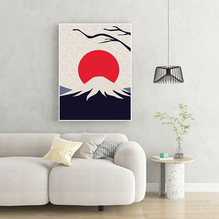 Wadi Home minimalist mountain landscape art with red sun and snow-capped peak.