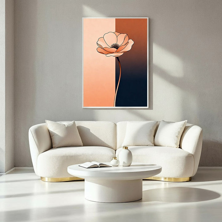 Wadi Home minimalist peach poppy floral art print with gradient background, modern decor.