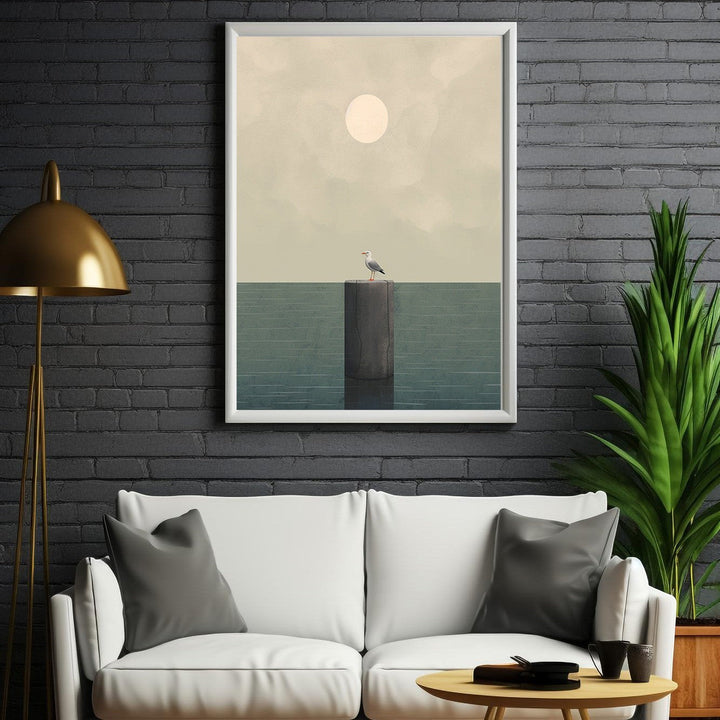 Wadi Home minimalist artwork of a seagull perched on a post against a hazy sky and calm water.