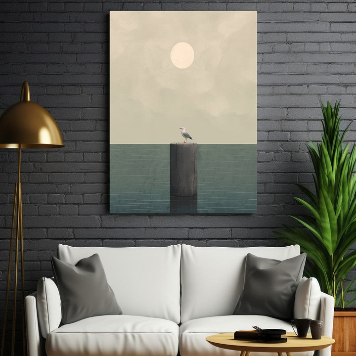 Wadi Home minimalist artwork of a seagull on a post against a hazy sky and calm water. Muted colors, serene coastal theme.
