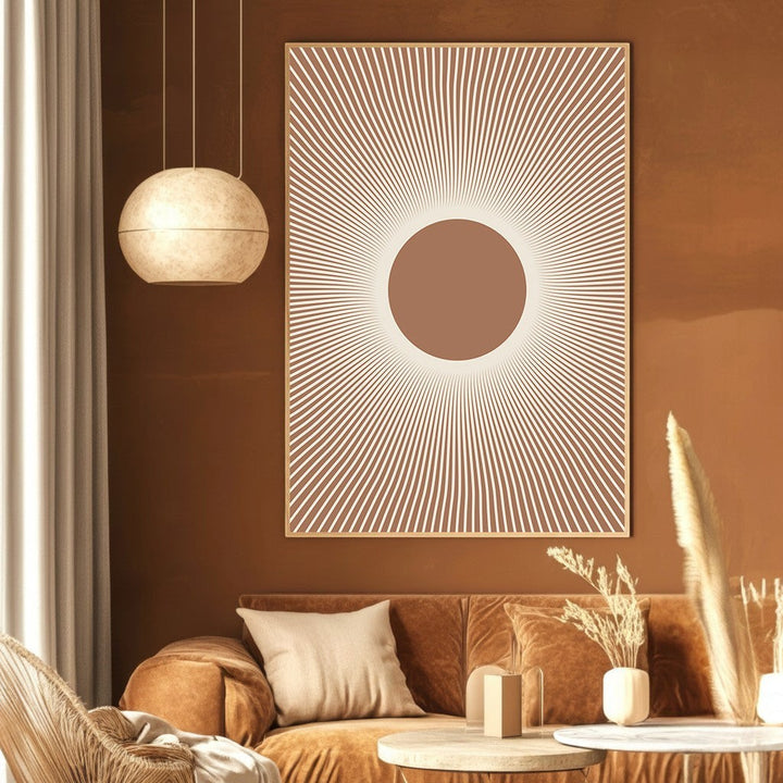 Wadi Home minimalist sunburst abstract wall art print in a warm terracotta living room with modern decor.