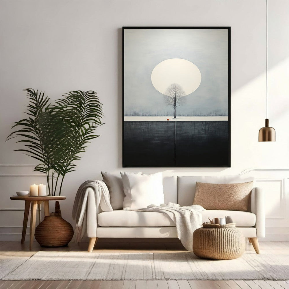 Wadi Home minimalist tree and moon wall art, serene landscape with solitary tree under full moon, subtle colors, modern decor.