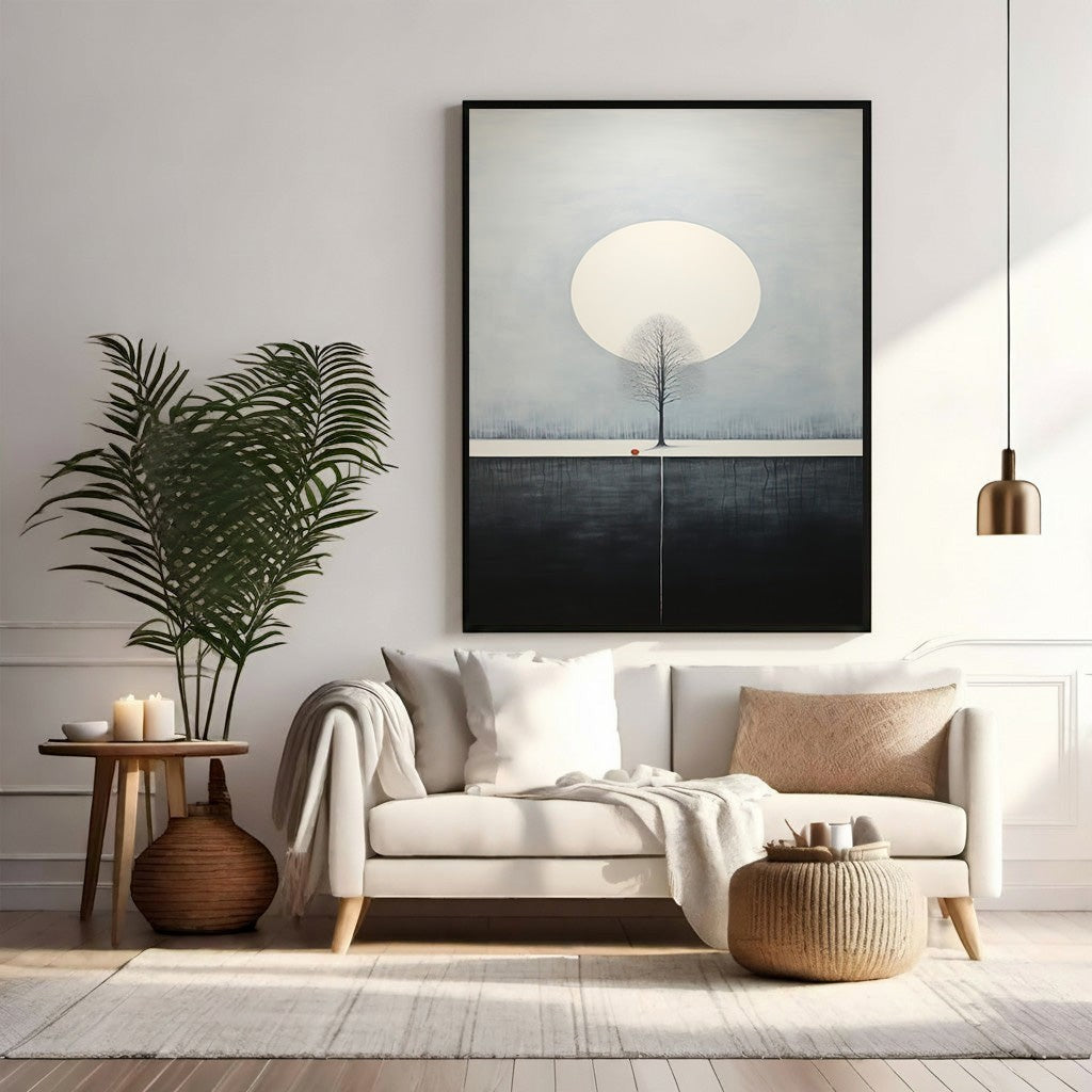 Wadi Home minimalist tree and moon wall art, serene landscape with solitary tree under full moon, subtle colors, modern decor.