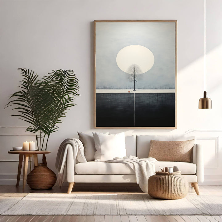 Wadi Home minimalist tree and moon wall art, serene landscape with solitary tree under full moon, neutral tones, modern decor.