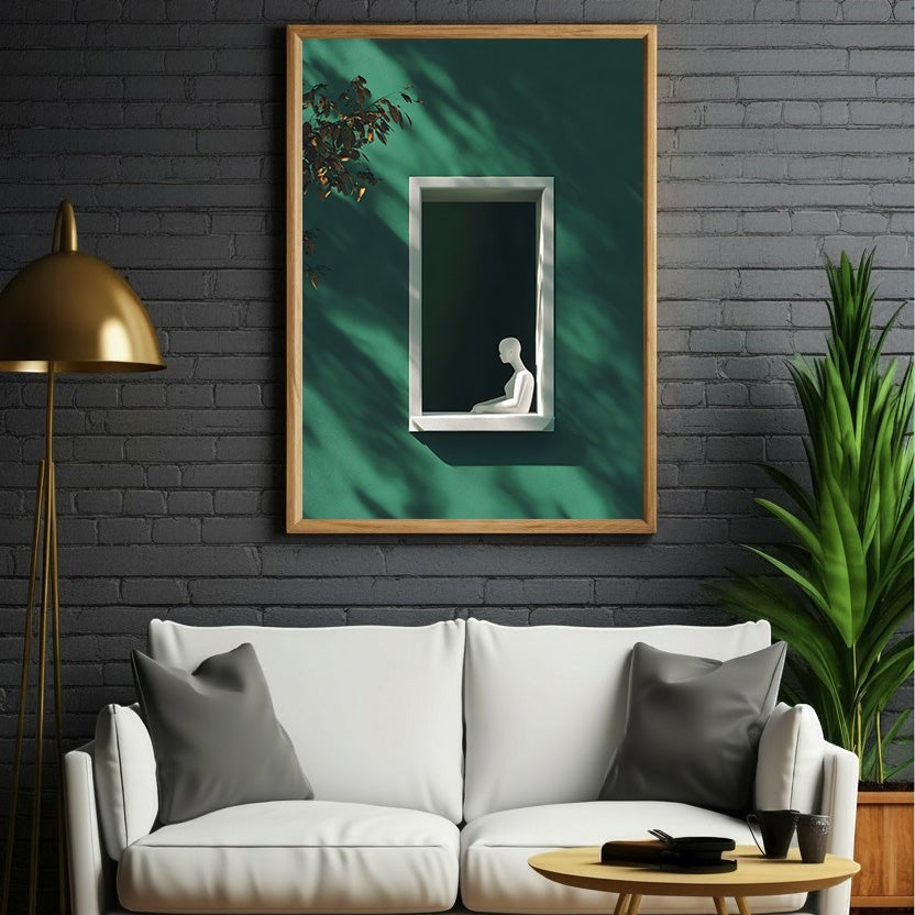 Wadi Home minimalist wall art: green background, white figure in window frame, dramatic shadows, modern elegance.