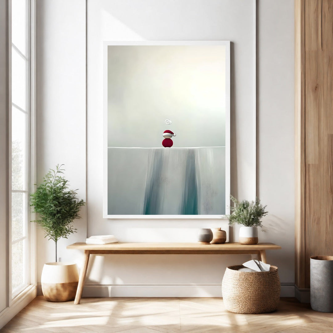 Wadi Home minimalist winter scene wall art with a red-hatted figure on a snowy ledge.