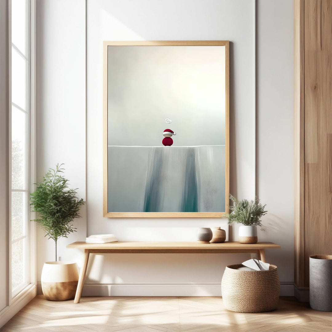 Wadi Home minimalist winter scene wall art with a red-hatted figure on a white ledge.