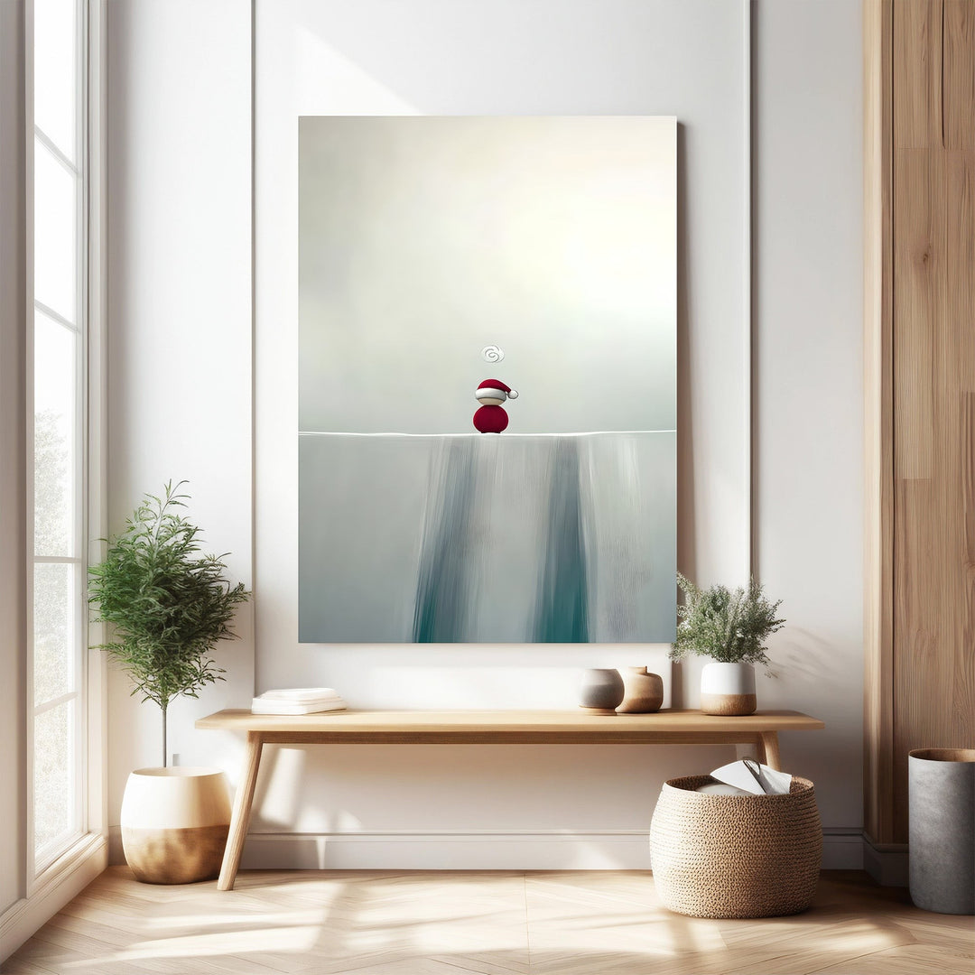 Wadi Home minimalist winter wall art with a red-hatted figure on a snowy ledge, evoking calm and serenity.