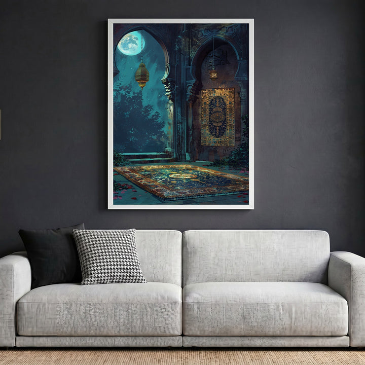 Wadi Home Moonlit Archway wall art print featuring an ornate architectural scene with lanterns above a patterned rug.